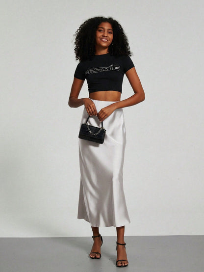 Se-Helo Women's Fashion All-Season Elastic Satin Texture Satin Midi Skirt