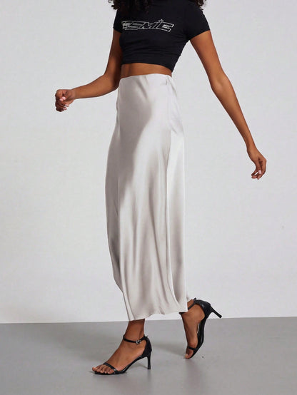 Se-Helo Women's Fashion All-Season Elastic Satin Texture Satin Midi Skirt