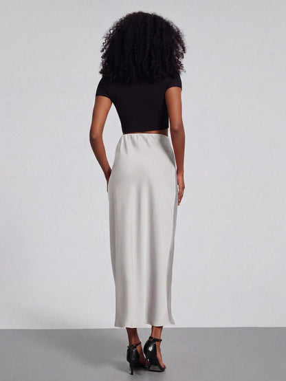 Se-Helo Women's Fashion All-Season Elastic Satin Texture Satin Midi Skirt