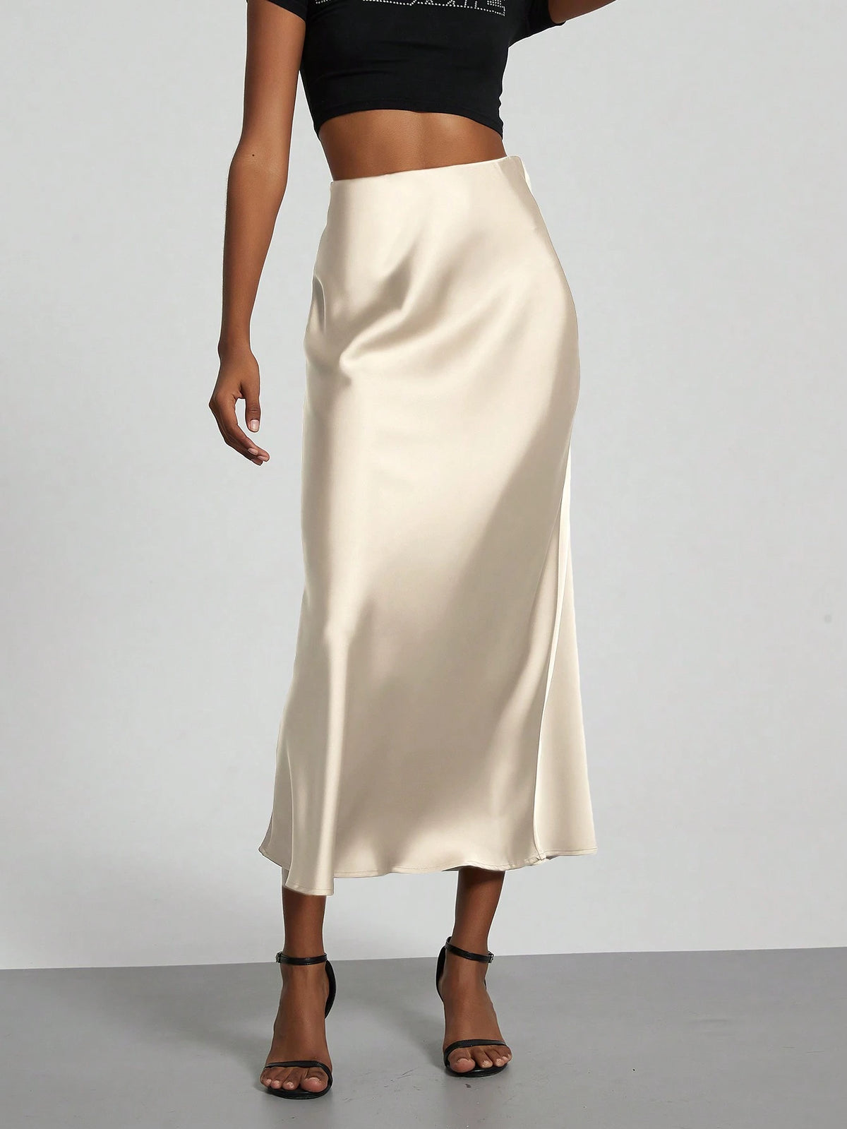 Se-Helo Women's Fashion All-Season Elastic Satin Texture Satin Midi Skirt