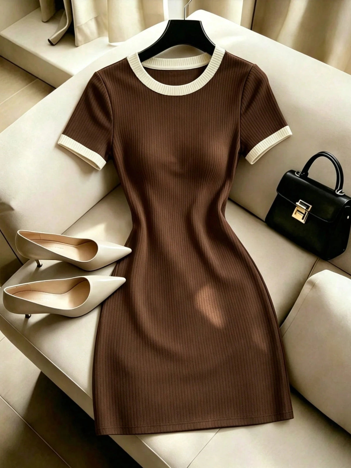 Selianne Gentle Elegant Brown Color Block Round Neck Short Sleeve Knit Bodycon Slimming Ribbed Mini Dress, Simple Versatile Commuter Hot Girl Style Dress