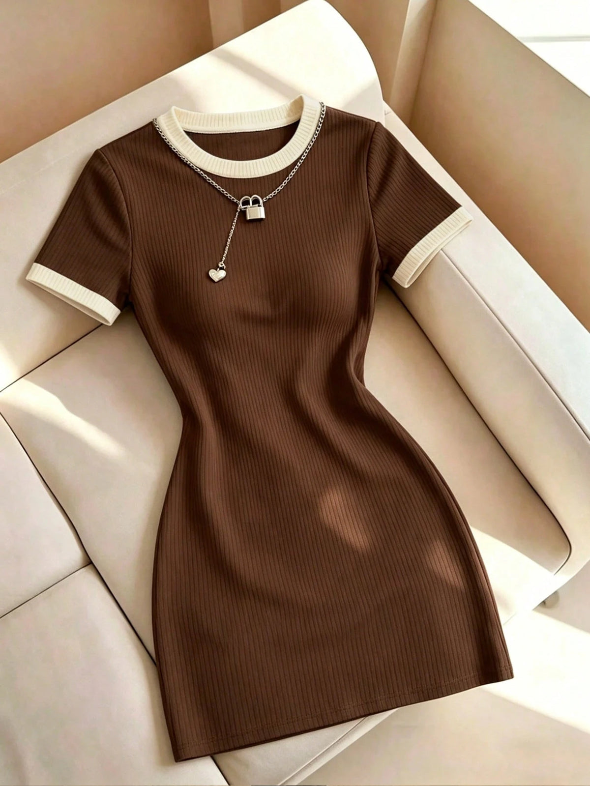 Selianne Gentle Elegant Brown Color Block Round Neck Short Sleeve Knit Bodycon Slimming Ribbed Mini Dress, Simple Versatile Commuter Hot Girl Style Dress