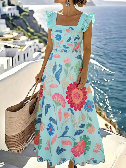 Selianne Yellow Bohemian Print Maxi Dress- Ruffled Sleeve Square Neck, Waist-Cinched, Versatile For Casual/Vacation Wear (Spring & Summer Women's)