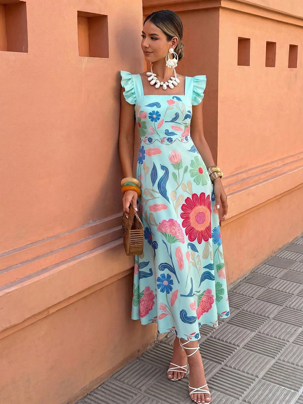 Selianne Yellow Bohemian Print Maxi Dress- Ruffled Sleeve Square Neck, Waist-Cinched, Versatile For Casual/Vacation Wear (Spring & Summer Women's)