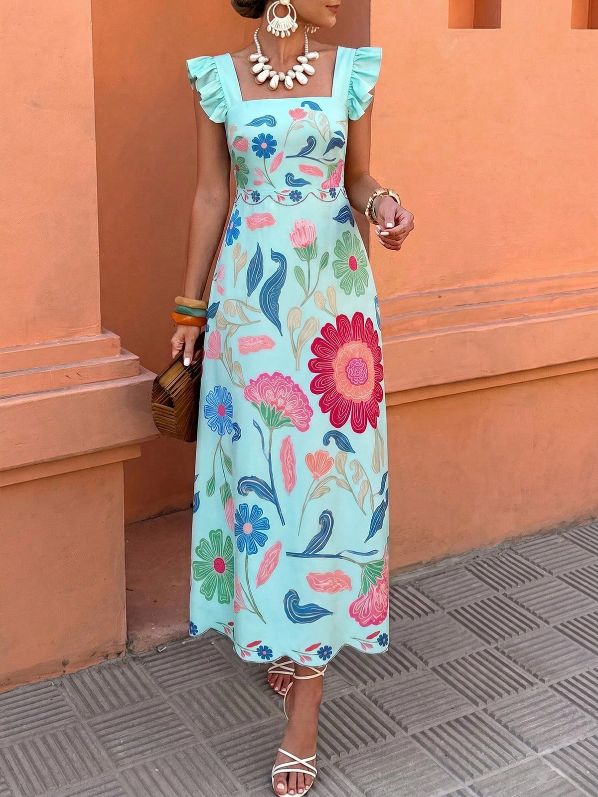Selianne Yellow Bohemian Print Maxi Dress- Ruffled Sleeve Square Neck, Waist-Cinched, Versatile For Casual/Vacation Wear (Spring & Summer Women's)