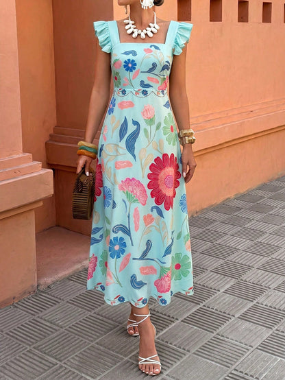 Selianne Yellow Bohemian Print Maxi Dress- Ruffled Sleeve Square Neck, Waist-Cinched, Versatile For Casual/Vacation Wear (Spring & Summer Women's)