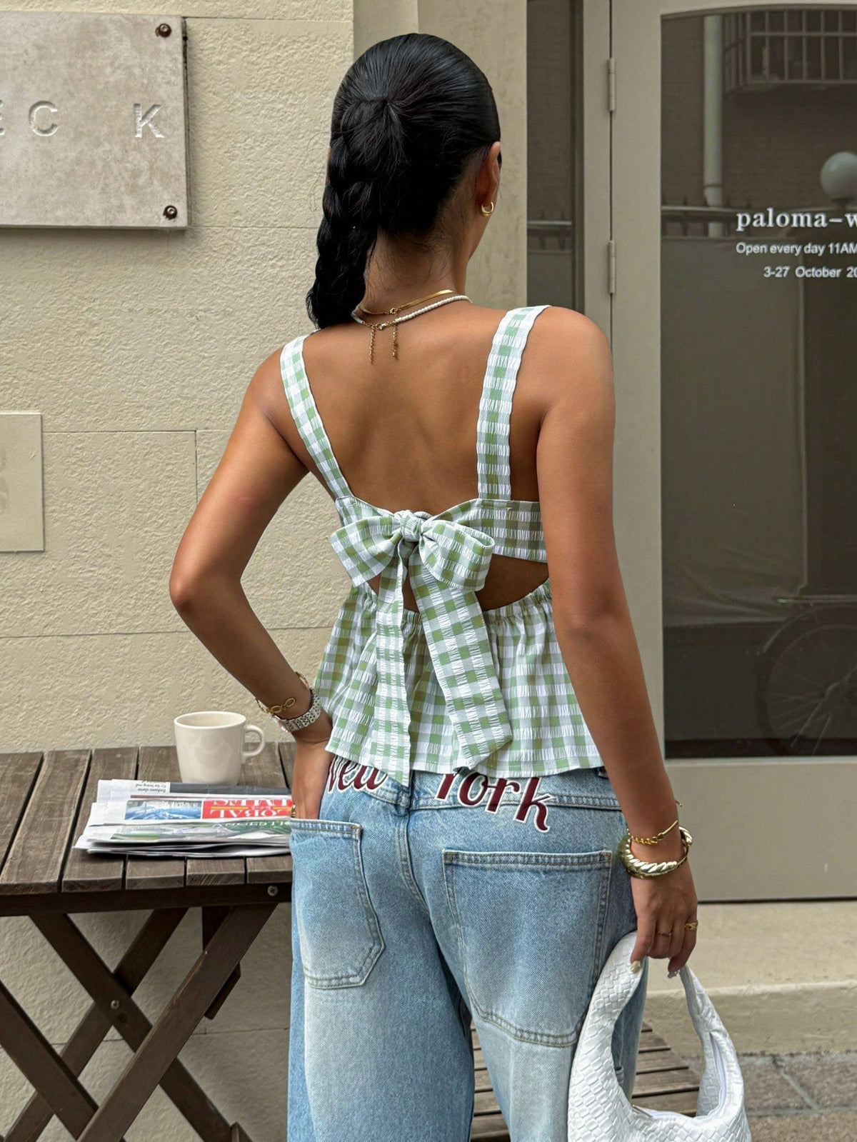 Serisse Plaid Print Ruffle Hem Tie Up Backless Cami Top Summer Check Green Casual Christmas