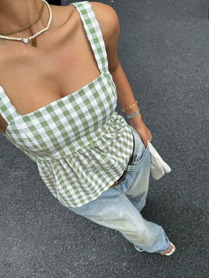 Serisse Plaid Print Ruffle Hem Tie Up Backless Cami Top Summer Check Green Casual Christmas