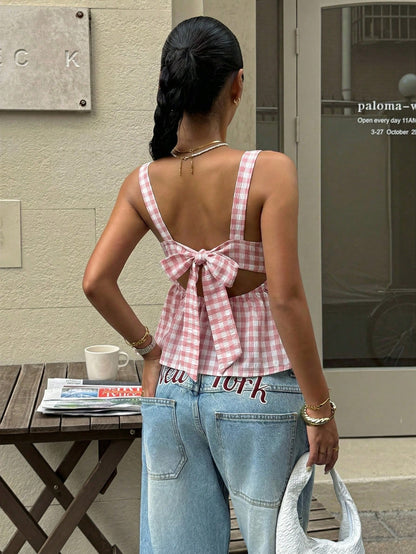 Serisse Plaid Print Ruffle Hem Tie Up Backless Cami Top Summer Check Green Casual Christmas