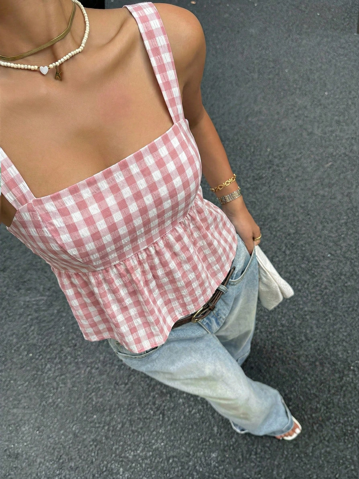 Serisse Plaid Print Ruffle Hem Tie Up Backless Cami Top Summer Check Green Casual Christmas