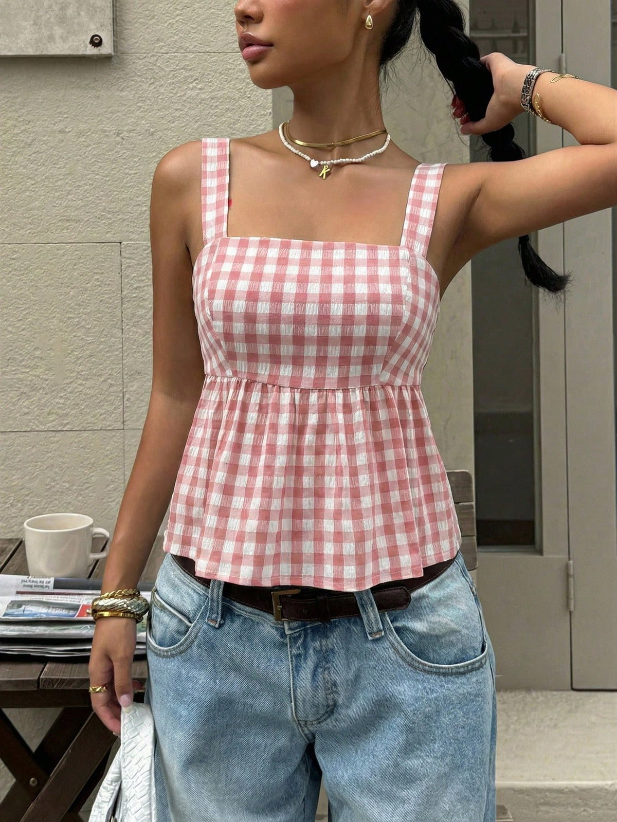 Serisse Plaid Print Ruffle Hem Tie Up Backless Cami Top Summer Check Green Casual Christmas