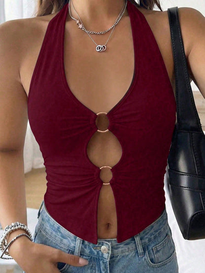 Sexy Fashionable Solid Color Hollow Ring Camisole Vest, New Spring/Summer Outdoor Top For Women Casual