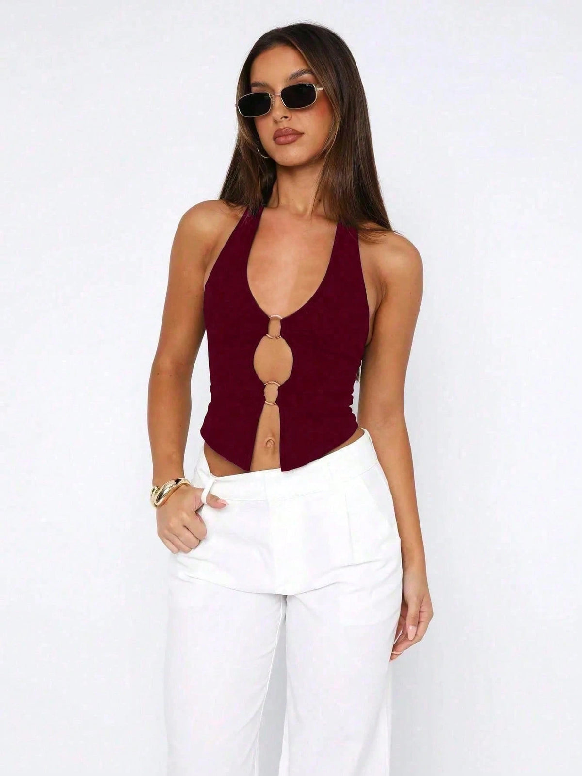 Sexy Fashionable Solid Color Hollow Ring Camisole Vest, New Spring/Summer Outdoor Top For Women Casual
