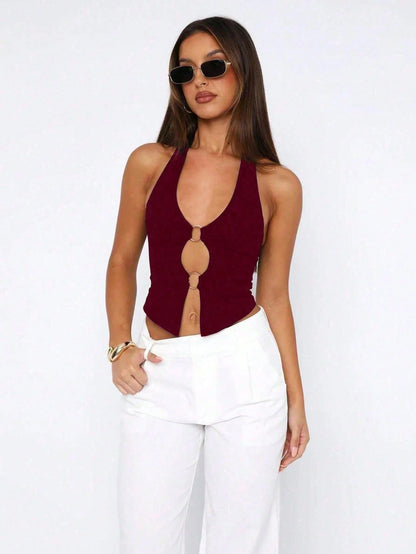 Sexy Fashionable Solid Color Hollow Ring Camisole Vest, New Spring/Summer Outdoor Top For Women Casual