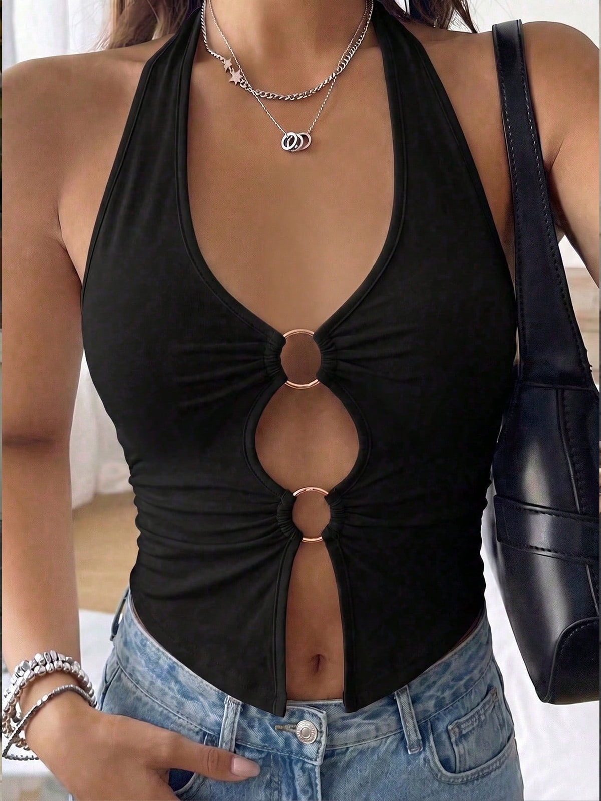 Sexy Fashionable Solid Color Hollow Ring Camisole Vest, New Spring/Summer Outdoor Top For Women Casual