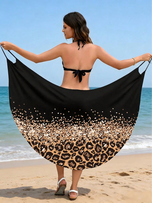 Sexy Off-Shoulder Leopard Print Casual Beach Cover-Up Wrap Dress Black Vacation Summer