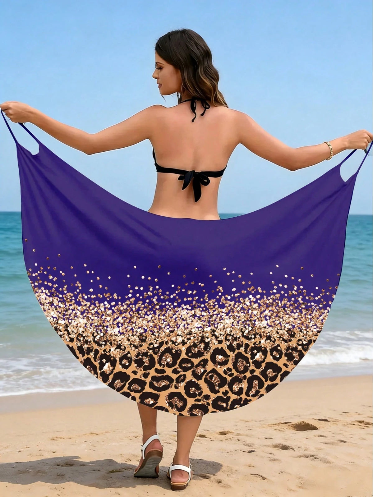 Sexy Off-Shoulder Leopard Print Casual Beach Cover-Up Wrap Dress Black Vacation Summer