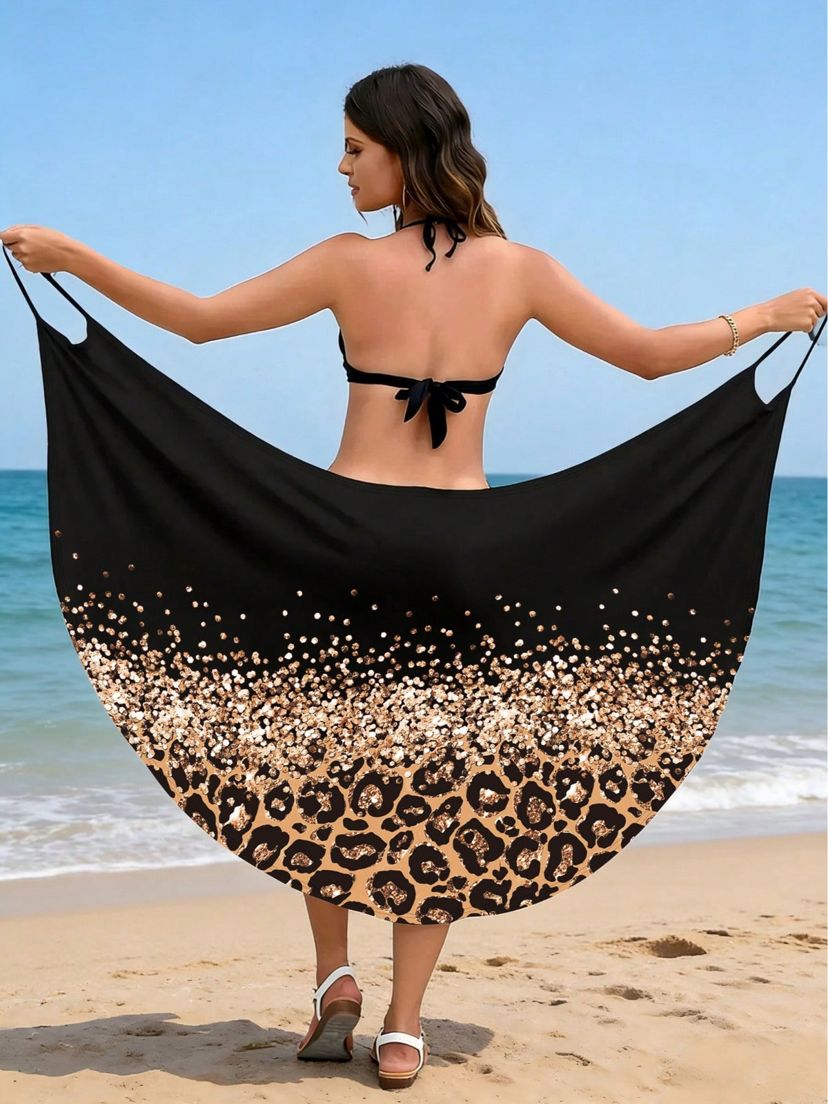 Sexy Off-Shoulder Leopard Print Casual Beach Cover-Up Wrap Dress Black Vacation Summer