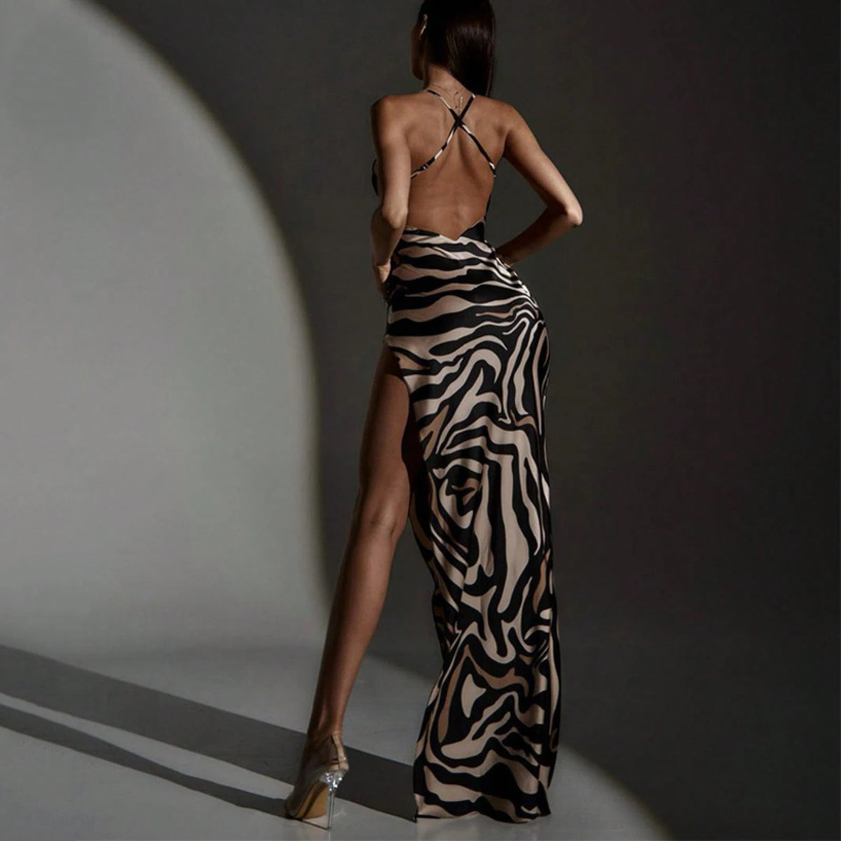 Sexy Tiger Print Backless Mesh Patchwork Maxi Dress Women 2026 High Slit Vacation Beach Dress