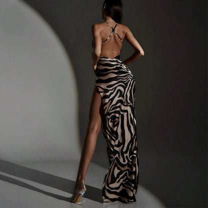 Sexy Tiger Print Backless Mesh Patchwork Maxi Dress Women 2026 High Slit Vacation Beach Dress