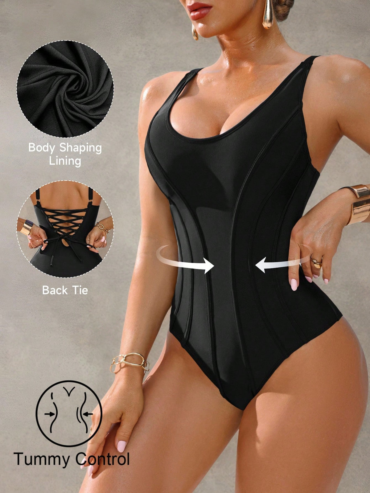 Shapewave 1pc Women's Tummy Control Push-Up Monokini One-Piece Swimsuit, Dark Blue Elegant Casual For Spring/Summer Vacation, Beach, Party, Music Festival