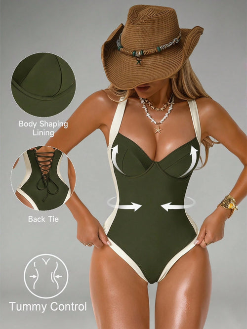 Shapewave Women's Tummy Control One-Piece Swimsuit With Side Splice, Push-Up, Aqua Green Holiday Beach Pool Party Vacation Summer Casual