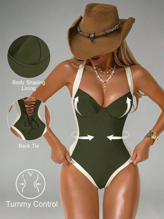 Shapewave Women's Tummy Control One-Piece Swimsuit With Side Splice, Push-Up, Aqua Green Holiday Beach Pool Party Vacation Summer Casual