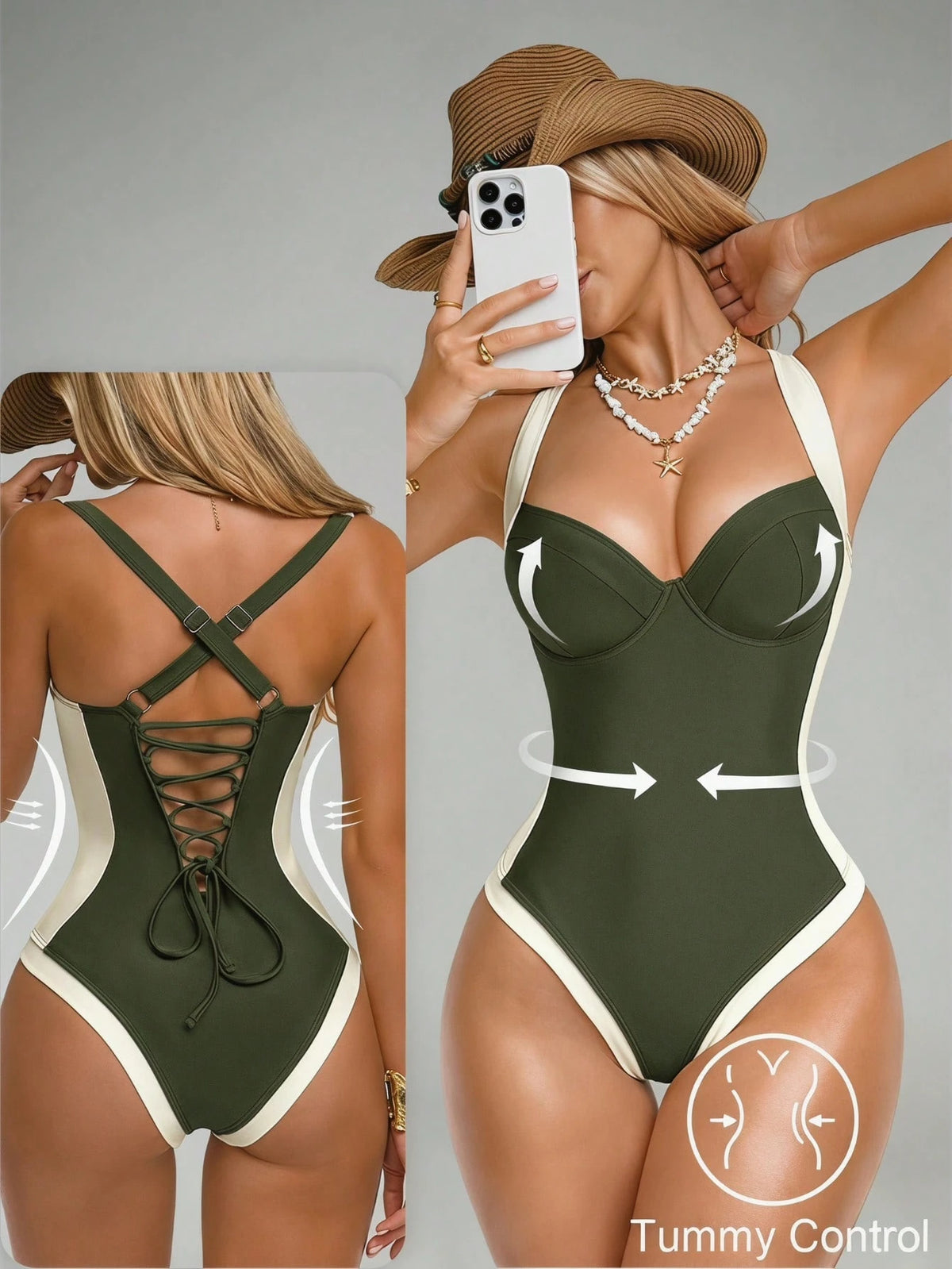 Shapewave Women's Tummy Control One-Piece Swimsuit With Side Splice, Push-Up, Aqua Green Holiday Beach Pool Party Vacation Summer Casual