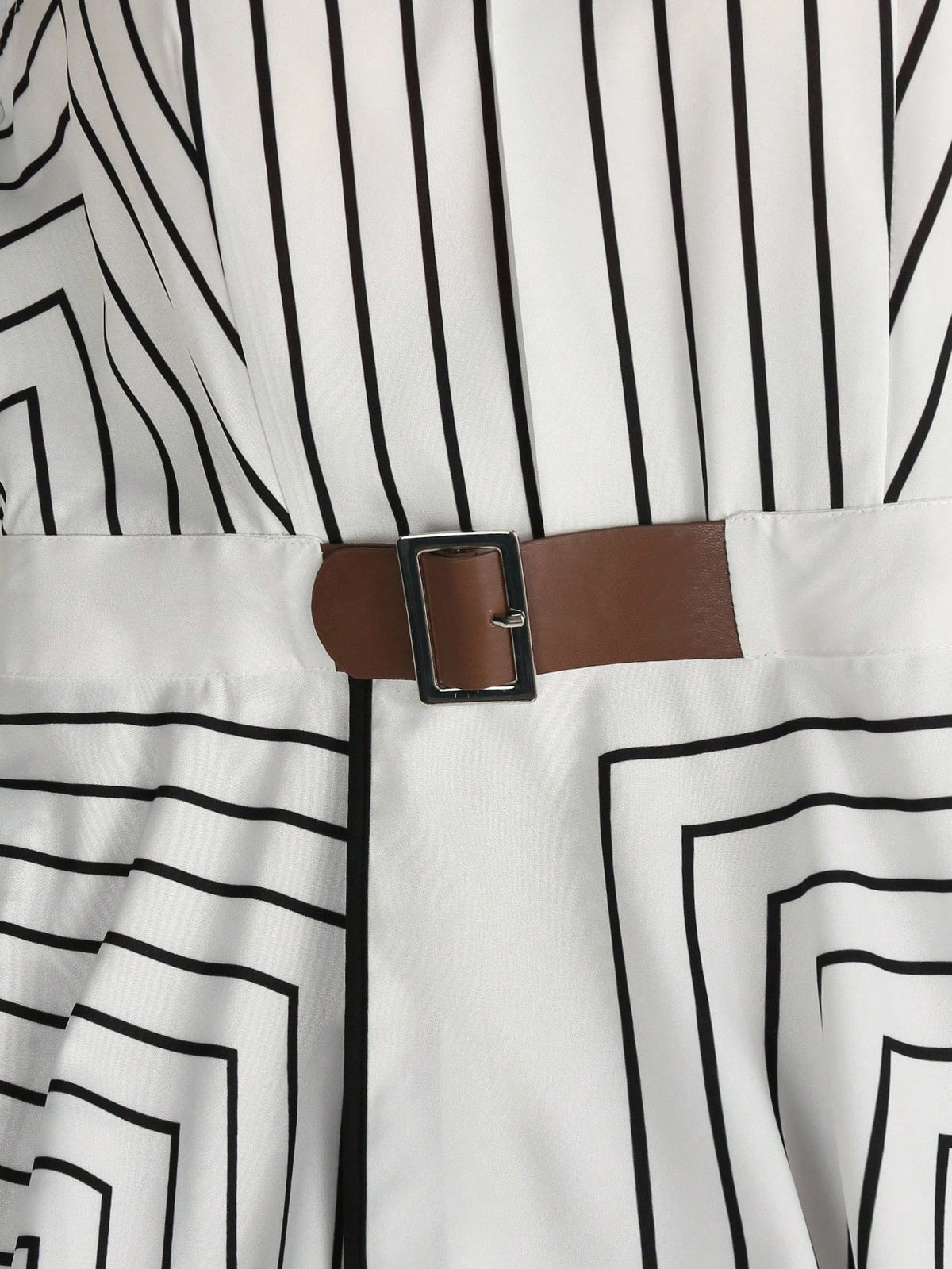 SHEIN LUNE Women's Apricot Geometric Striped Sleeveless Shirt Dress, Belted Waist A-Line Midi Dress, Elegant Casual Dress For Work, Vacation & Party