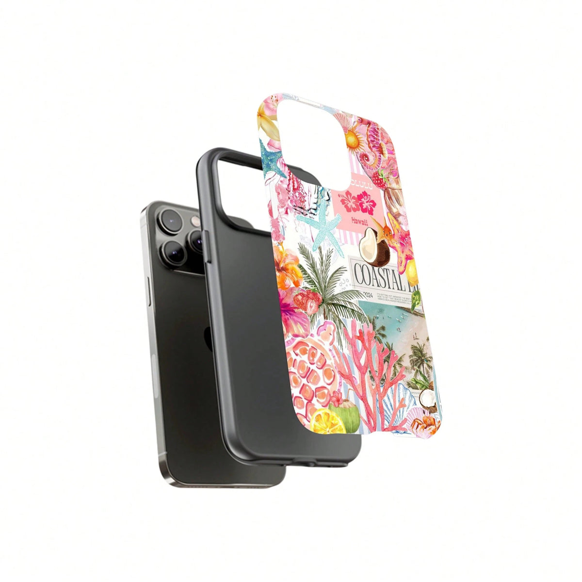 Shockproof Fashion Beach Elements Beach Collage Pattern Phone Case Summer Coconut & Hibiscus Style Compatible With Iphone 17 16 15 14 13 Pro Max Plus 12 11 Spring