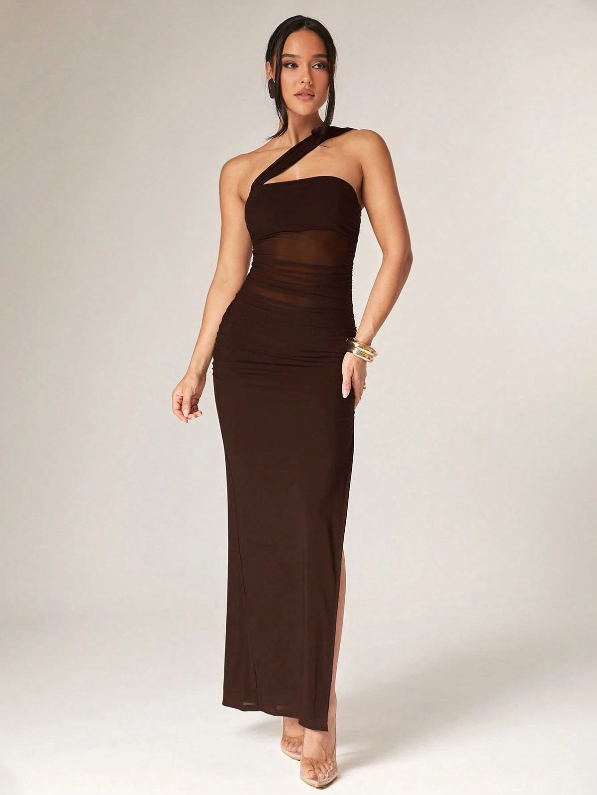 Silquee Women's Solid Color Sleeveless Ruched Side Slit Hem Fitted Dress