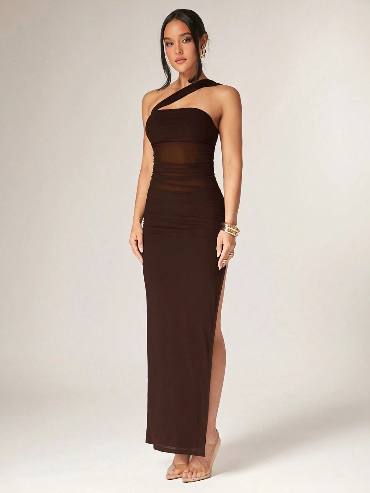 Silquee Women's Solid Color Sleeveless Ruched Side Slit Hem Fitted Dress