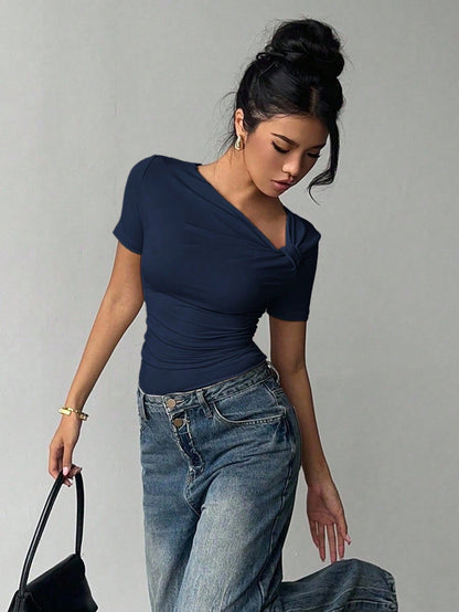 Siren Gaze Asymmetric Neckline Short Sleeve T-Shirt, New Design Fitted Going-Out Top For Women, Summer Casual Blue
