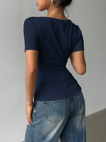Siren Gaze Asymmetric Neckline Short Sleeve T-Shirt, New Design Fitted Going-Out Top For Women, Summer Casual Blue