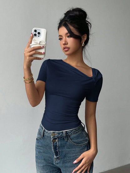 Siren Gaze Asymmetric Neckline Short Sleeve T-Shirt, New Design Fitted Going-Out Top For Women, Summer Casual Blue