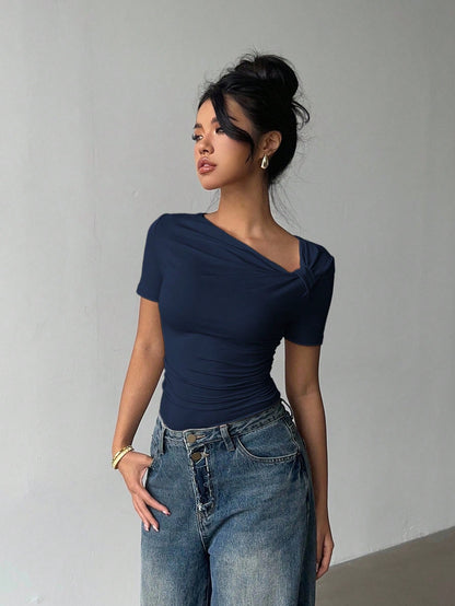 Siren Gaze Asymmetric Neckline Short Sleeve T-Shirt, New Design Fitted Going-Out Top For Women, Summer Casual Blue