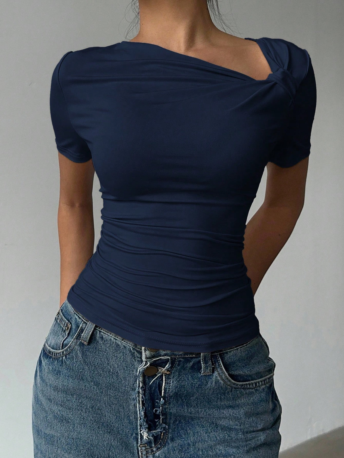 Siren Gaze Asymmetric Neckline Short Sleeve T-Shirt, New Design Fitted Going-Out Top For Women, Summer Casual Blue