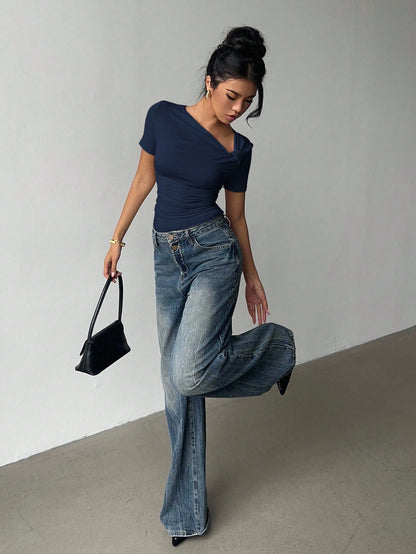 Siren Gaze Asymmetric Neckline Short Sleeve T-Shirt, New Design Fitted Going-Out Top For Women, Summer Casual Blue