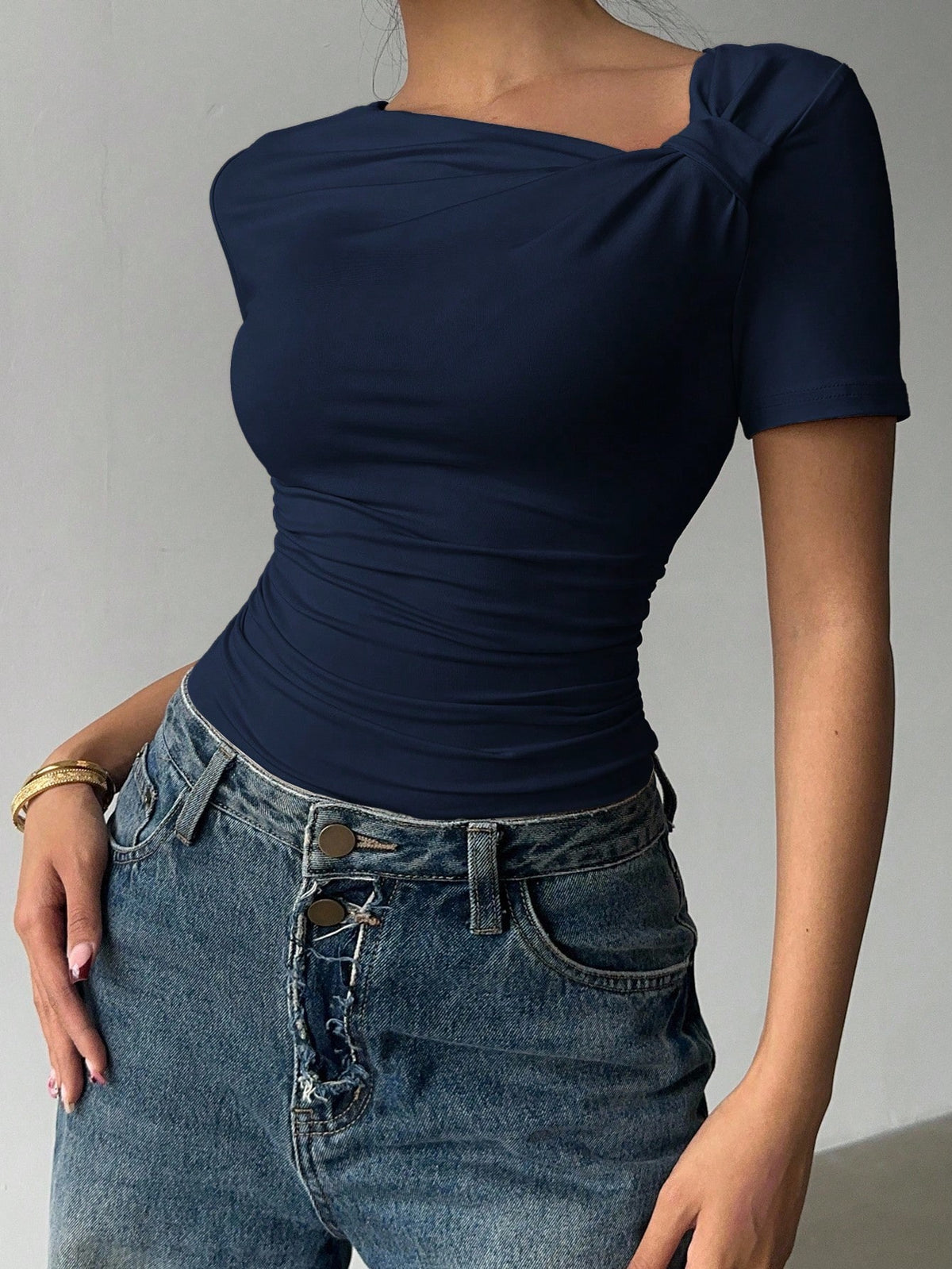 Siren Gaze Asymmetric Neckline Short Sleeve T-Shirt, New Design Fitted Going-Out Top For Women, Summer Casual Blue