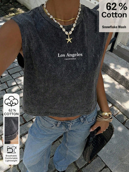 Siren Gaze Dark Grey 62% Cotton Snowflake Printed Sleeveless Round Neck Cropped Tank Top, Casual Summer Streetwear City Break For Women, Y2k Style Top