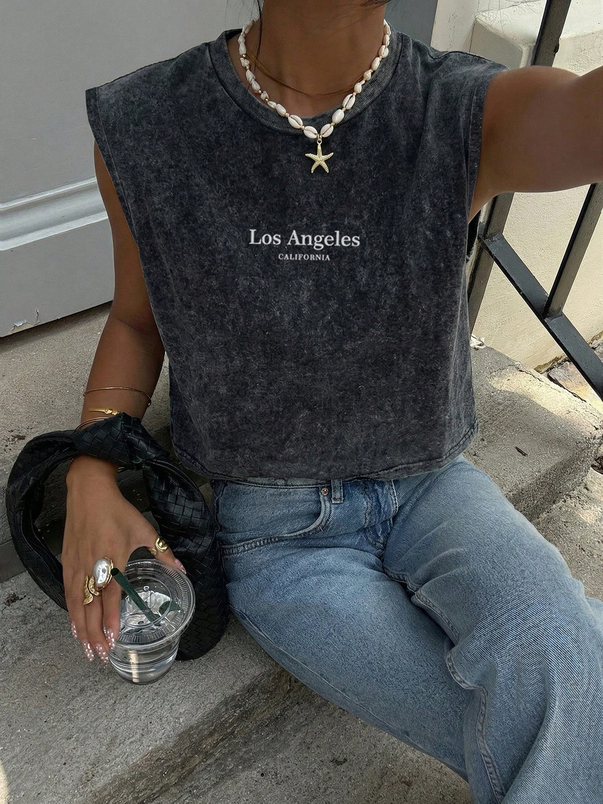 Siren Gaze Dark Grey 62% Cotton Snowflake Printed Sleeveless Round Neck Cropped Tank Top, Casual Summer Streetwear City Break For Women, Y2k Style Top