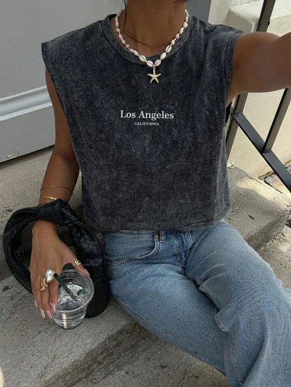 Siren Gaze Dark Grey 62% Cotton Snowflake Printed Sleeveless Round Neck Cropped Tank Top, Casual Summer Streetwear City Break For Women, Y2k Style Top