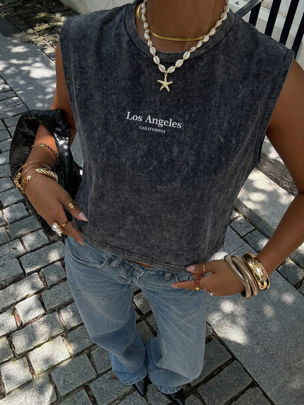 Siren Gaze Dark Grey 62% Cotton Snowflake Printed Sleeveless Round Neck Cropped Tank Top, Casual Summer Streetwear City Break For Women, Y2k Style Top