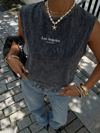 Siren Gaze Dark Grey 62% Cotton Snowflake Printed Sleeveless Round Neck Cropped Tank Top, Casual Summer Streetwear City Break For Women, Y2k Style Top