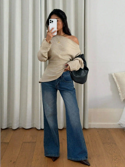Siren Gaze Light Beige Summer Chic Minimalist Elegant Brunch Date Dinner Women's Asymmetrical Shoulder Linen Shirt Fashionable Solid Color Waist Pleated Tops