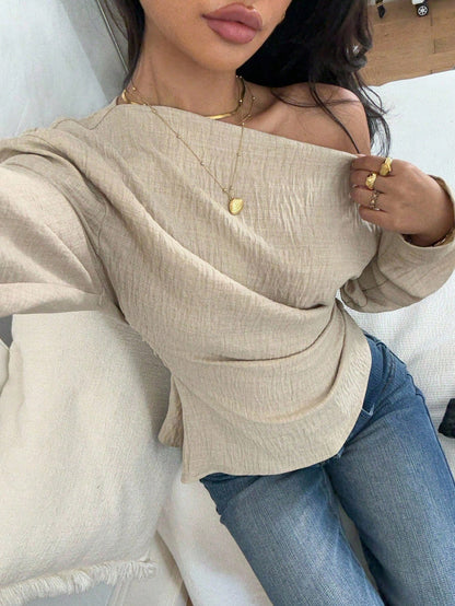 Siren Gaze Light Beige Summer Chic Minimalist Elegant Brunch Date Dinner Women's Asymmetrical Shoulder Linen Shirt Fashionable Solid Color Waist Pleated Tops