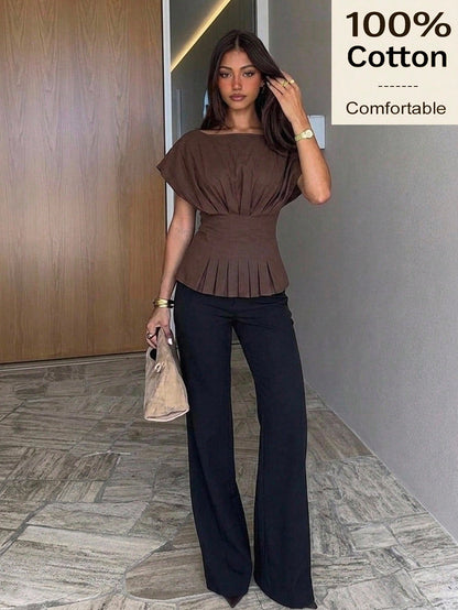 Siren Gaze Women Fall 100% Cotton Brown Pleated Waist-Cinched Fashion Blouse Casual Asymmetrical Hem Festival Vacation Streetwear Western Office Back To School