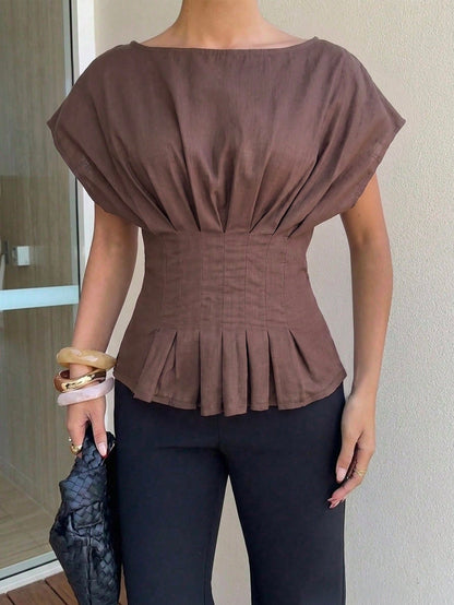 Siren Gaze Women Fall 100% Cotton Brown Pleated Waist-Cinched Fashion Blouse Casual Asymmetrical Hem Festival Vacation Streetwear Western Office Back To School