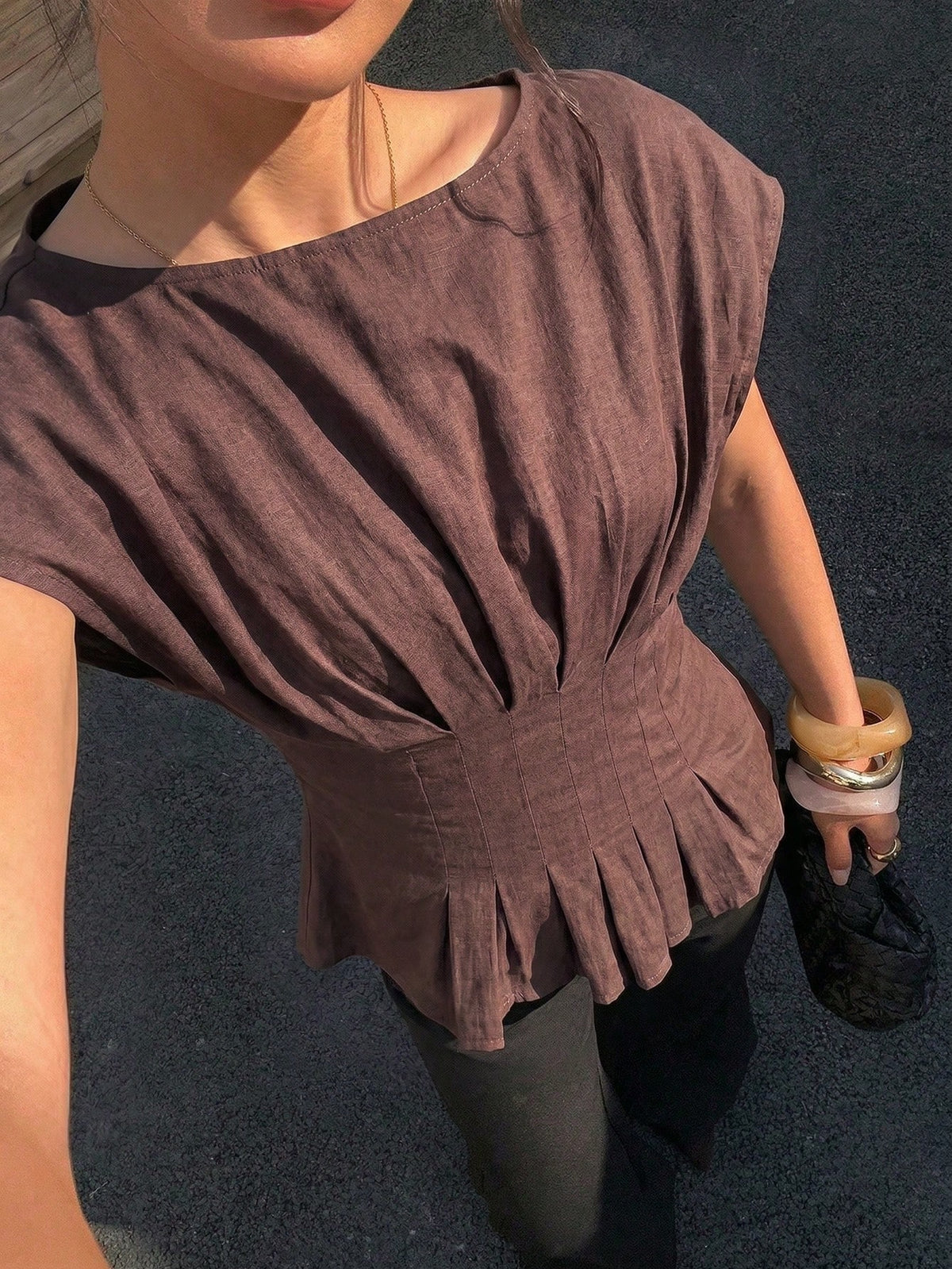 Siren Gaze Women Fall 100% Cotton Brown Pleated Waist-Cinched Fashion Blouse Casual Asymmetrical Hem Festival Vacation Streetwear Western Office Back To School