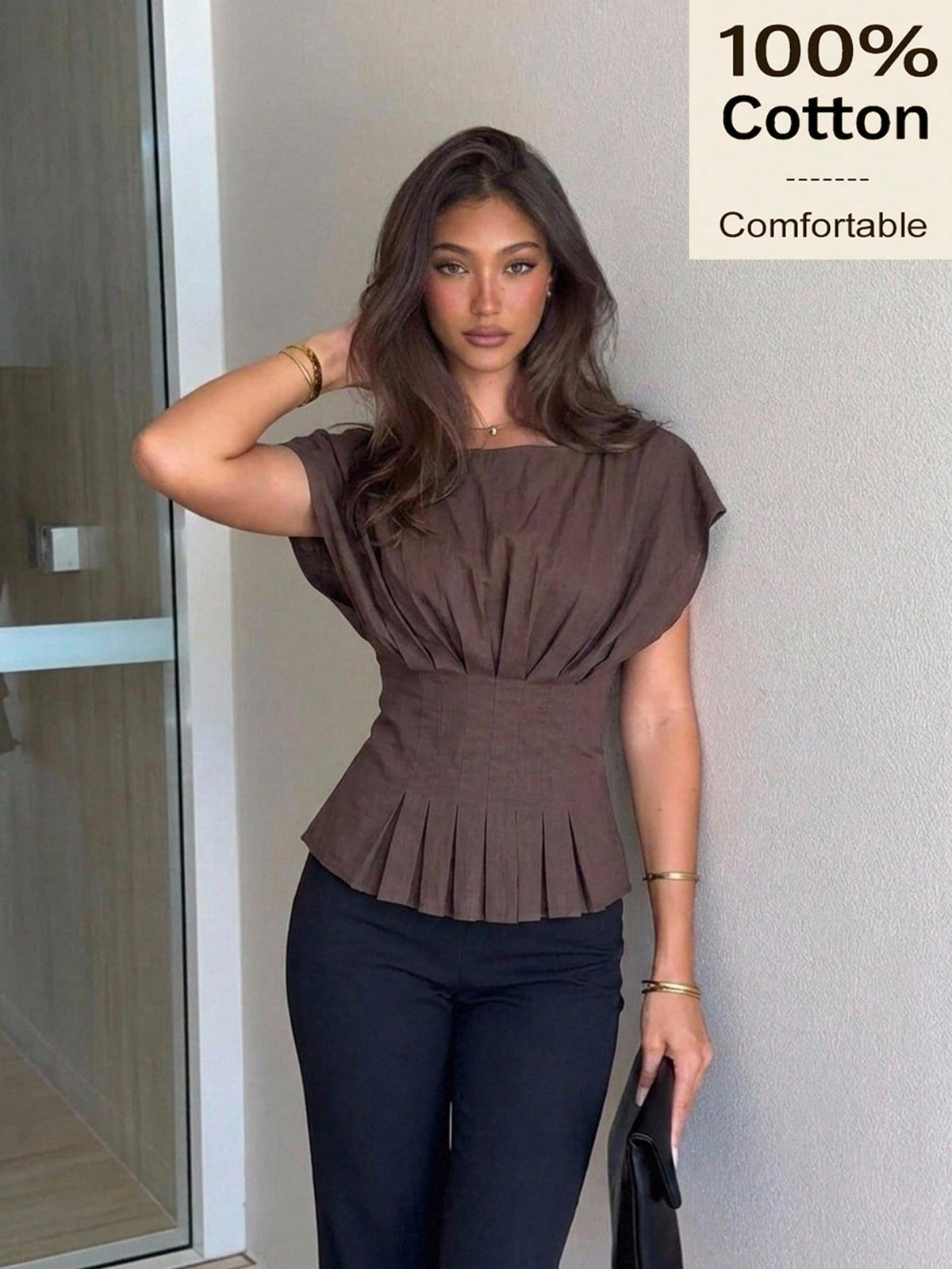 Siren Gaze Women Fall 100% Cotton Brown Pleated Waist-Cinched Fashion Blouse Casual Asymmetrical Hem Festival Vacation Streetwear Western Office Back To School